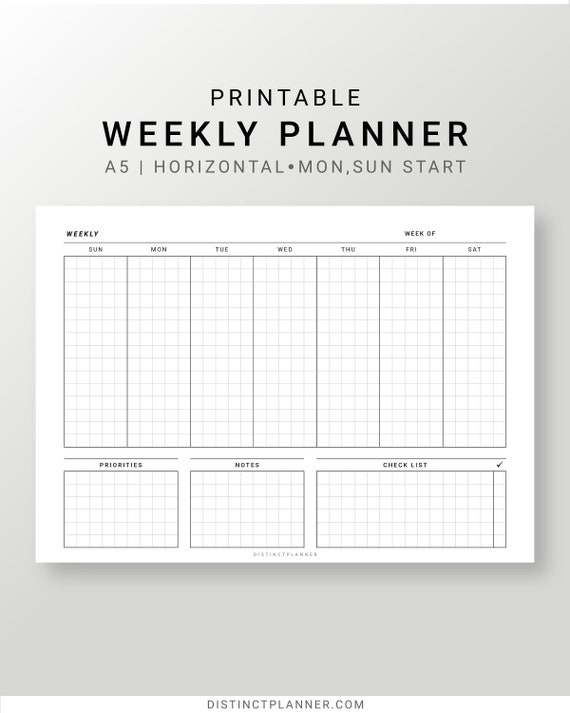 Undated Weekly Planner Printable A5 Horizontal Weekly - Etsy