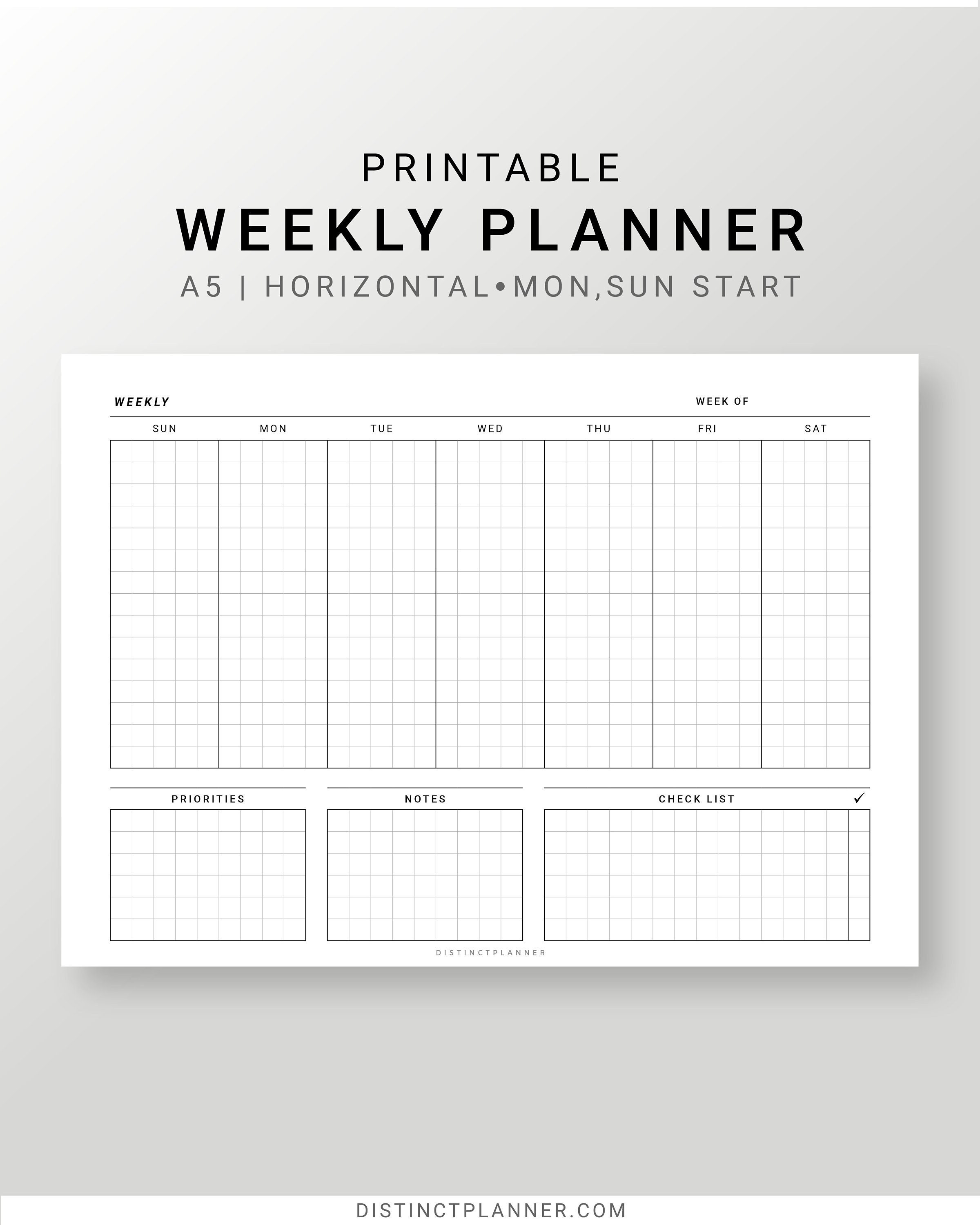 Undated Weekly Planner Printable A5, Horizontal Weekly