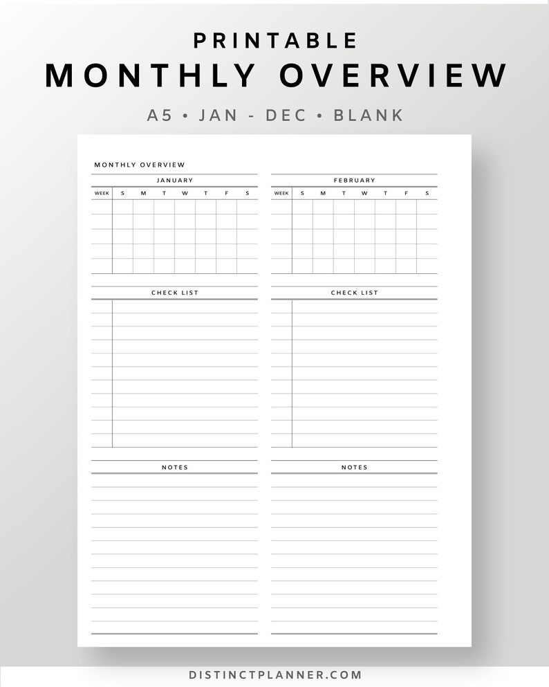 A5 Monthly Overview Printable Undated Planner Inserts Minimalist Month Plan Calendar Template ...
