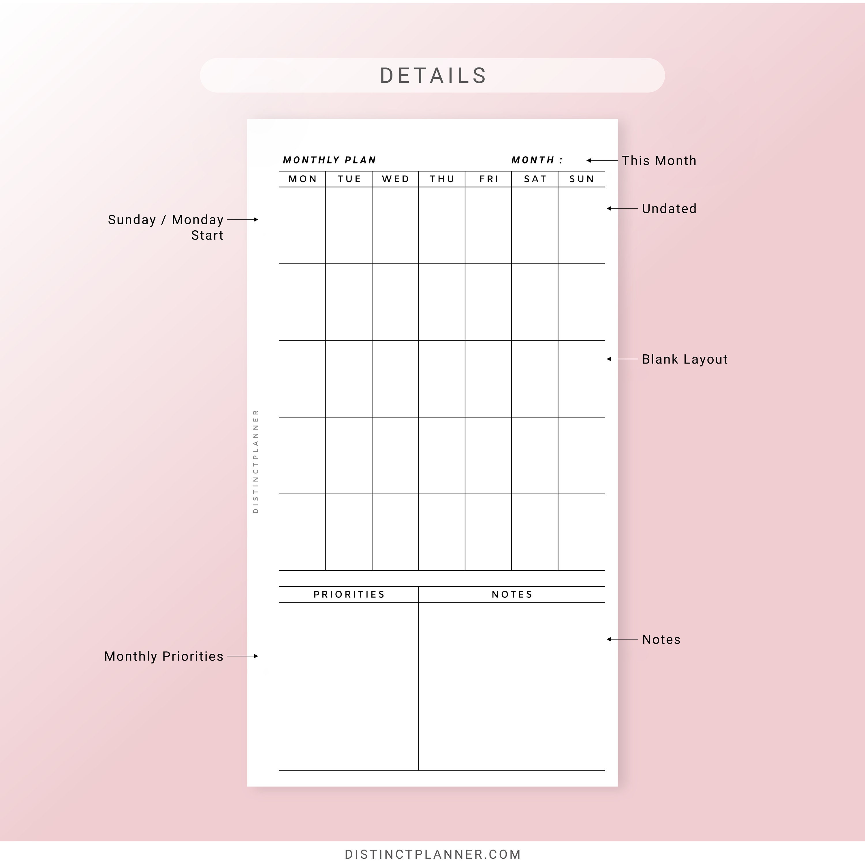 Personal | Undated Monthly Blank Planner Printable | Month on 1 Page ...