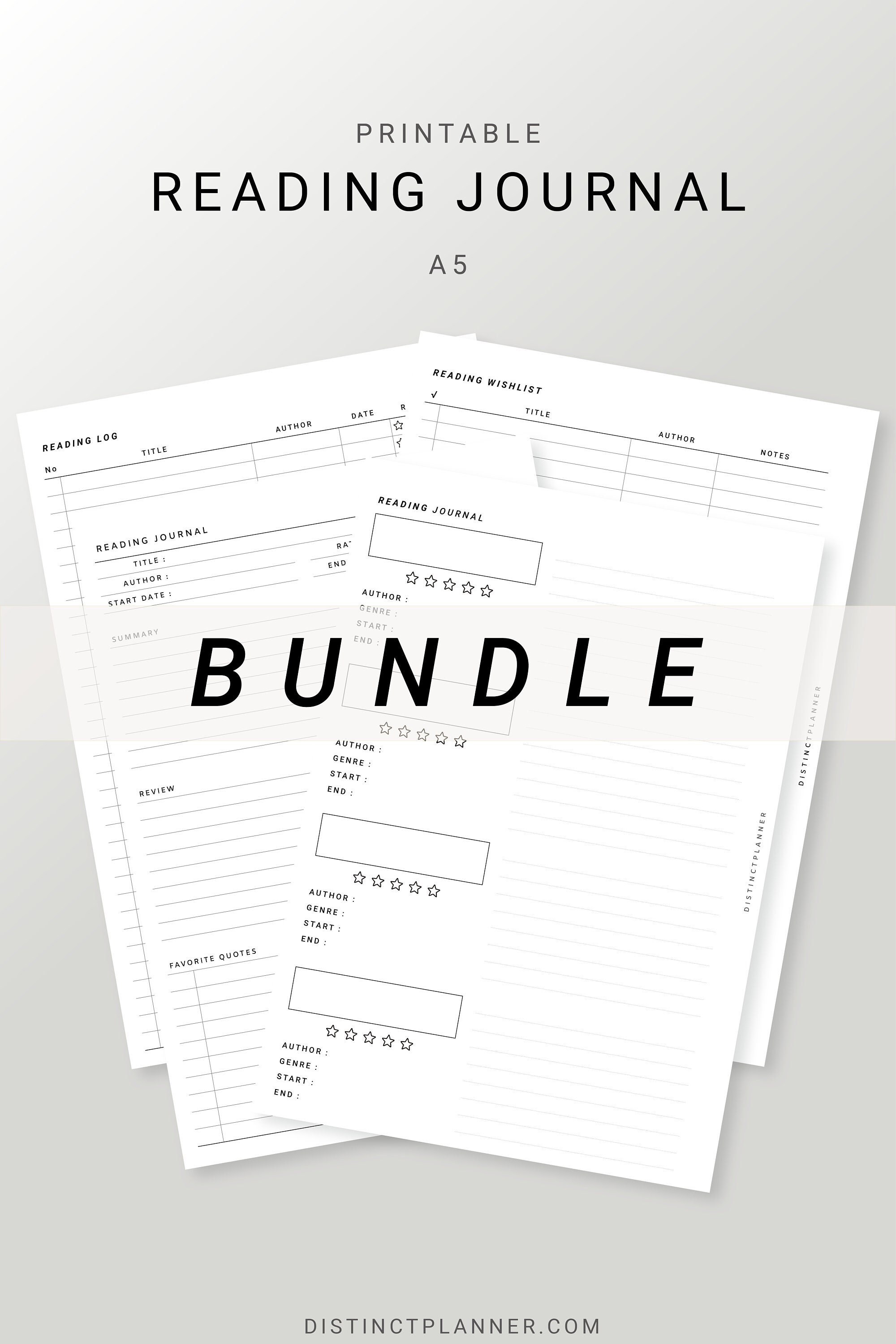 A5 Reading Journal Printable Bundle, Book Review Log Minimal Template ...