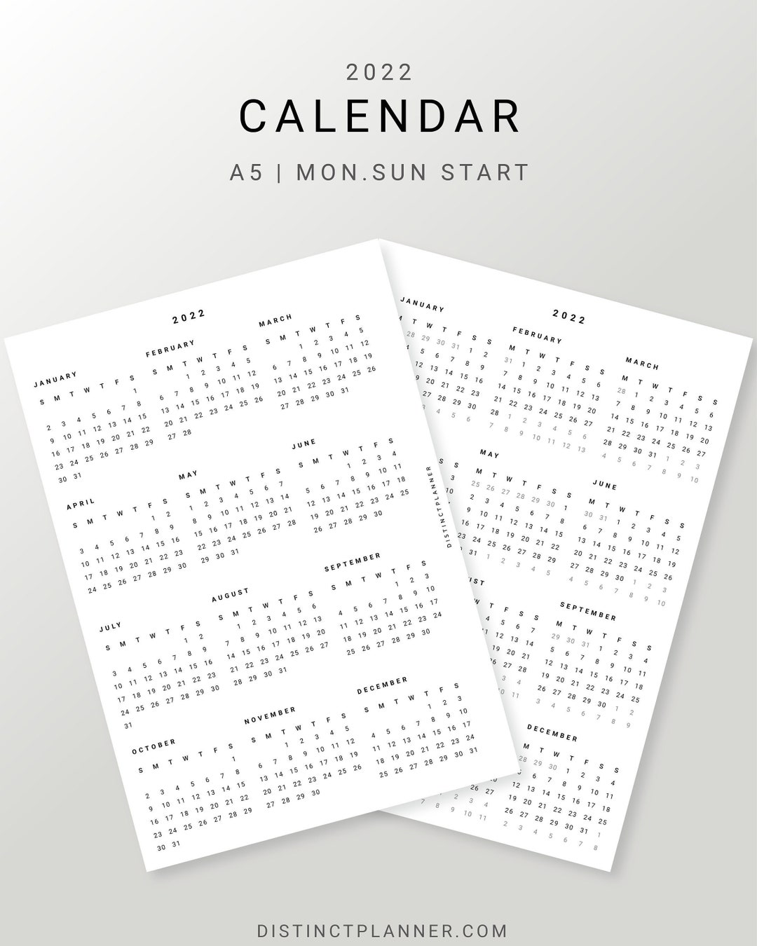 2022 Calendar Printable A5, Yearly Planner Calendar Inserts Monday ...