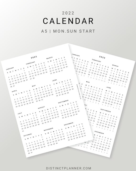 2022 Calendar Printable A5 Yearly Planner Calendar Inserts | Etsy