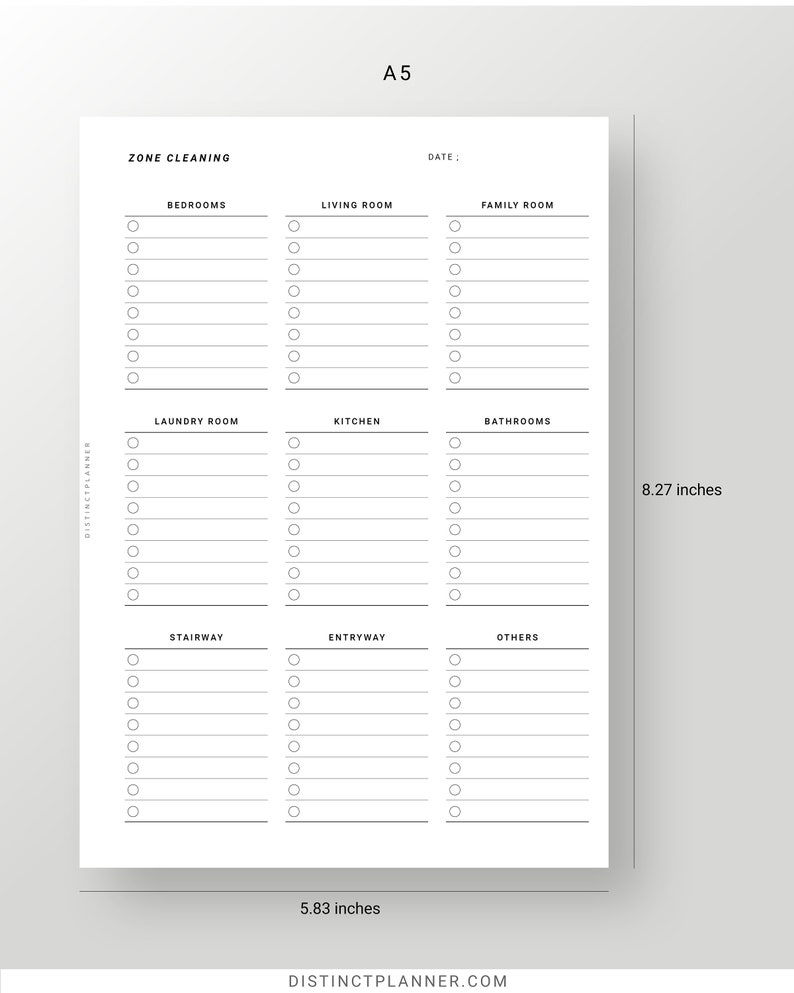 Zone Cleaning Checklist A5 Template, Housekeeping Checklist Printable Inserts, Minimalist