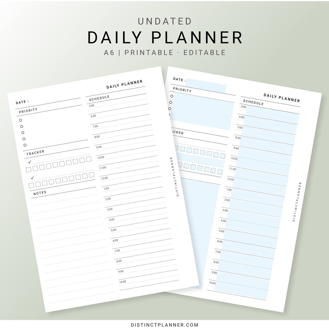 A6 Daily Planner Inserts Printable Editable, Daily Organizer Hourly ...