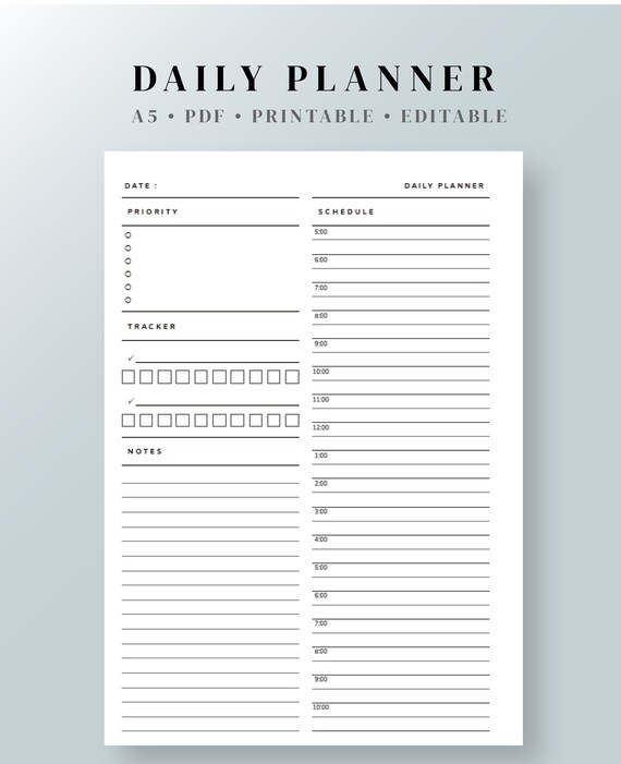 A5 Daily Planner Inserts Printable Editable Daily Organizer Etsy