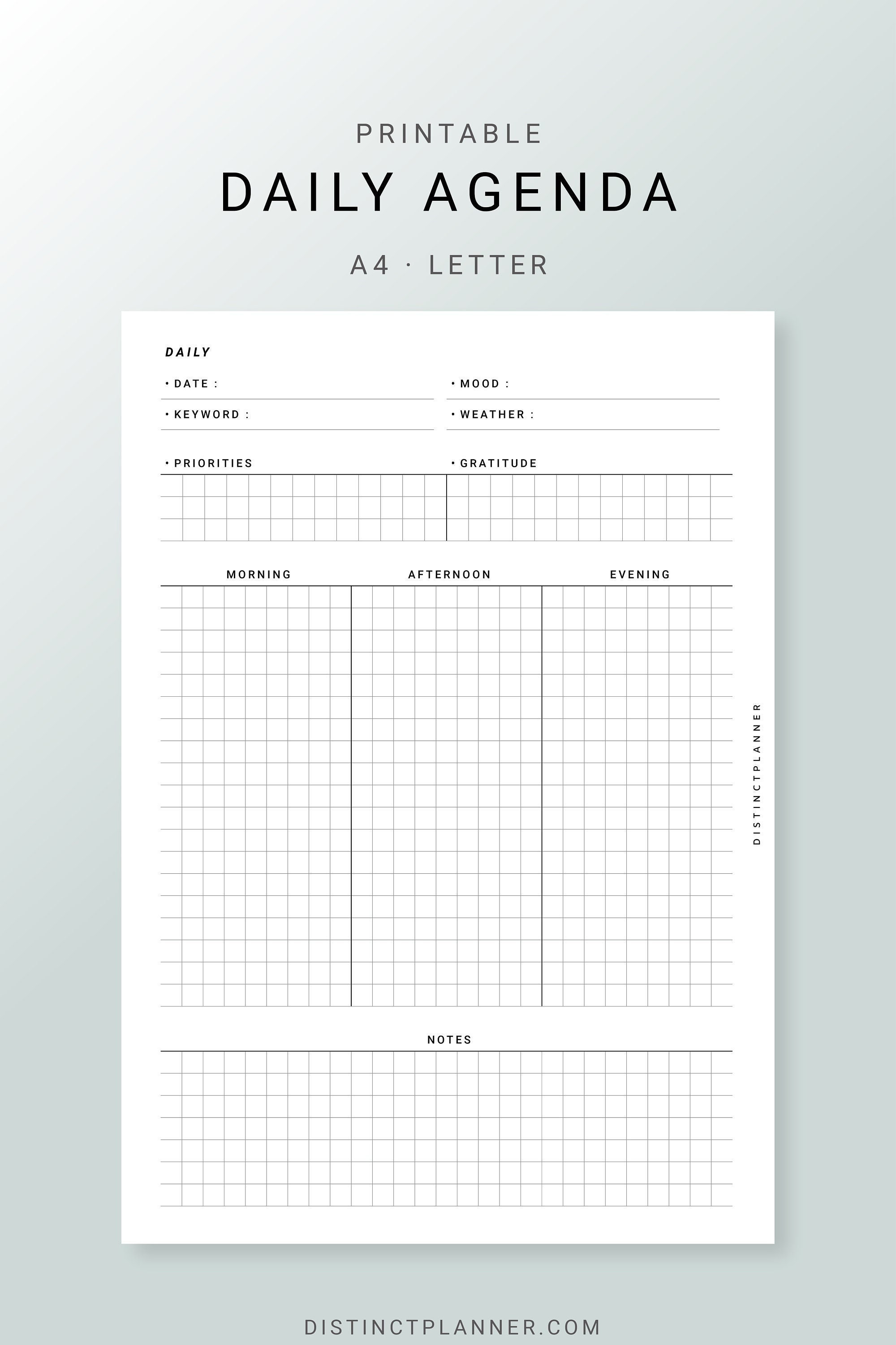 A4 Letter Daily Agenda Printable Inserts, Undated Day on One Page ...