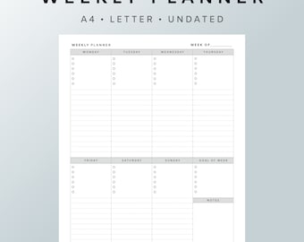 Weekly Planner printable A4, Letter size, Week at a glance Undated planner, Week on One page Weekly Inserts, Monday Start To do Worksheet