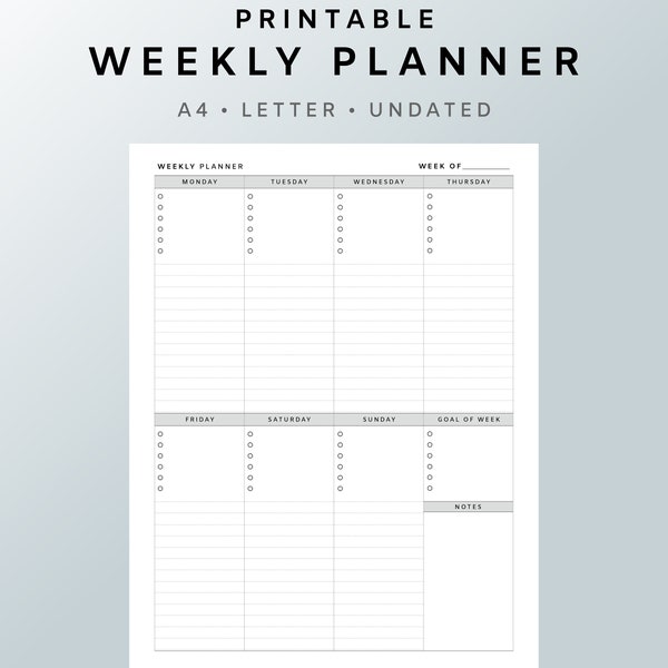Weekly Planner printable A4, Letter size, Week at a glance Undated planner, Week on One page Weekly Inserts, Monday Start To do Worksheet