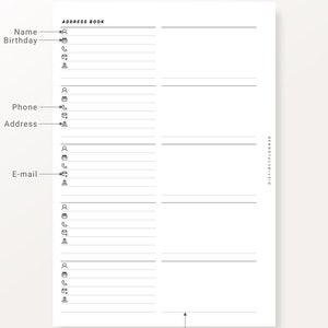 A5 Address Book Printable Inserts, Contact List Template Planner Refill ...