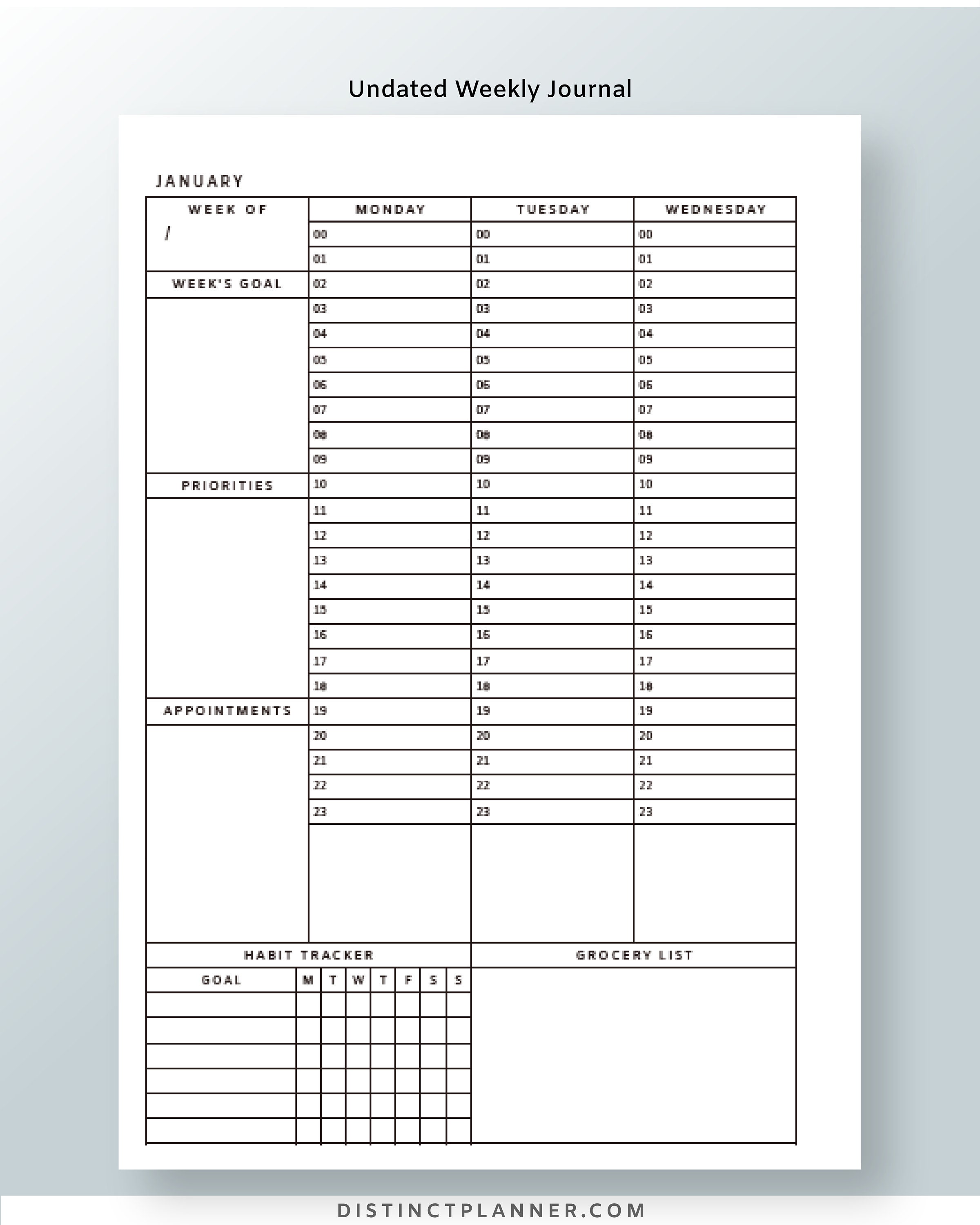 Weekly Hourly Planner Printable Letter Undated Journal Inserts 24 Hour ...
