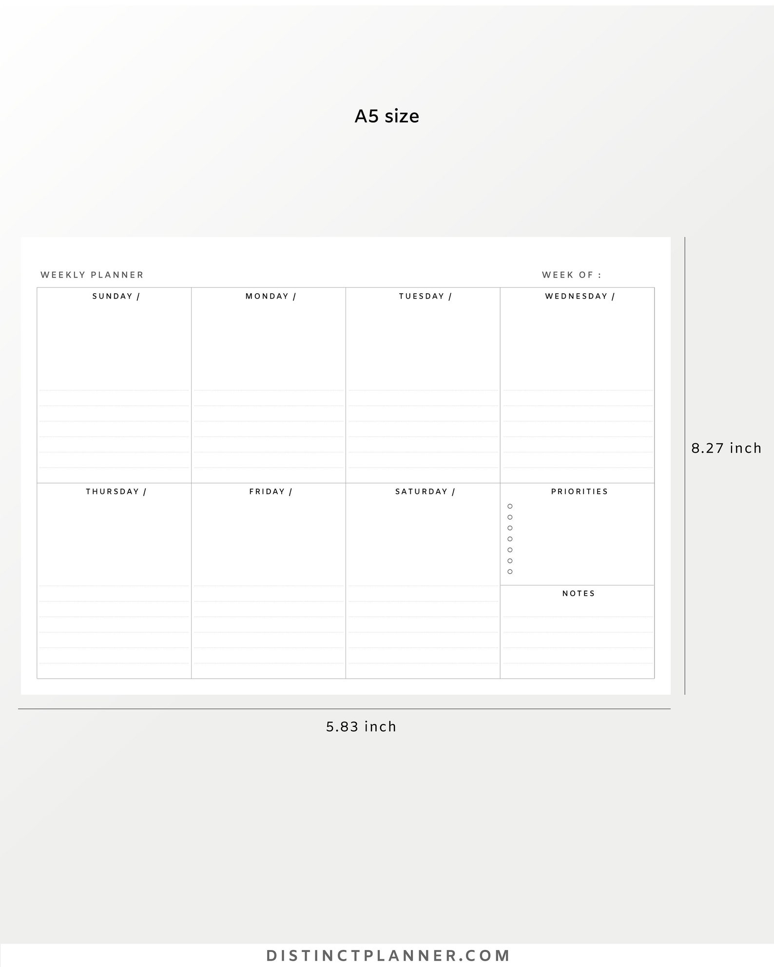 Undated Weekly Planner Desk Pad PDF A5 Digital Template for Printable 1 Page Worksheet Weekly ...