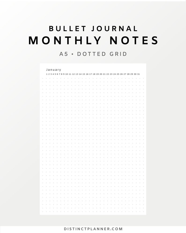 A5 Dotted Bullet Journal Printable Monthly Note Paper Dot Grid Bujo ...