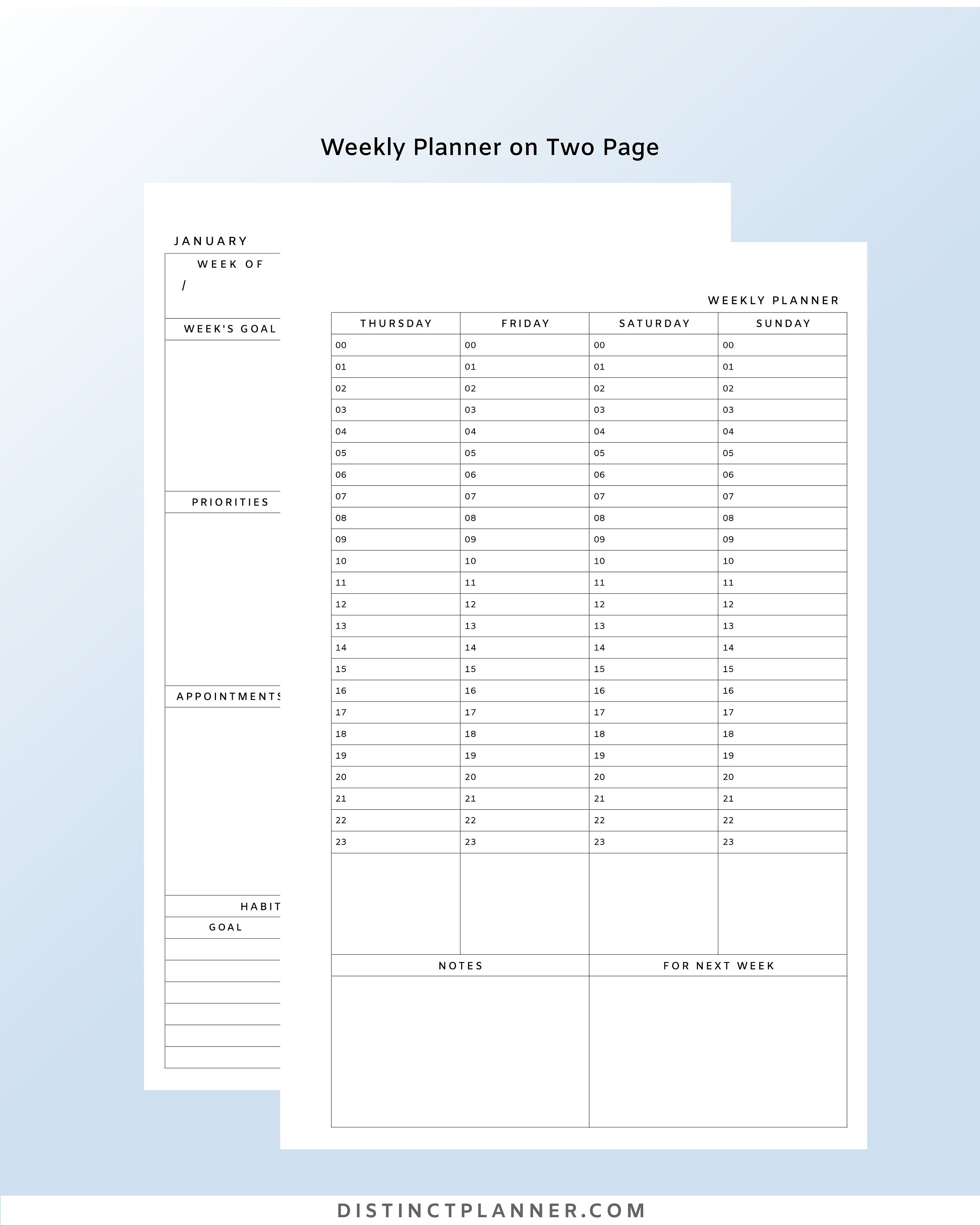 Half Letter Undated Weekly Planner Printable 24 Hourly Time Boxing ...