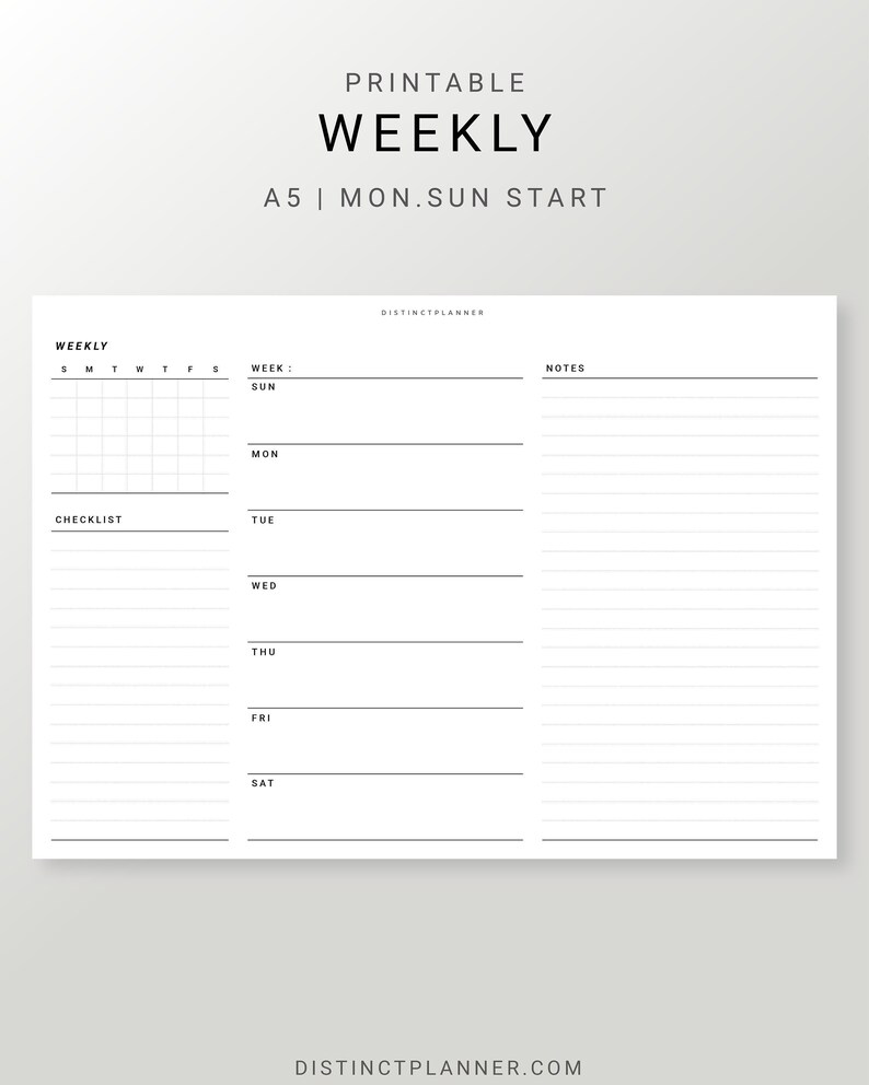 Weekly Planner Horizontal Template A5 Inserts, Undated Weekly Journal ...