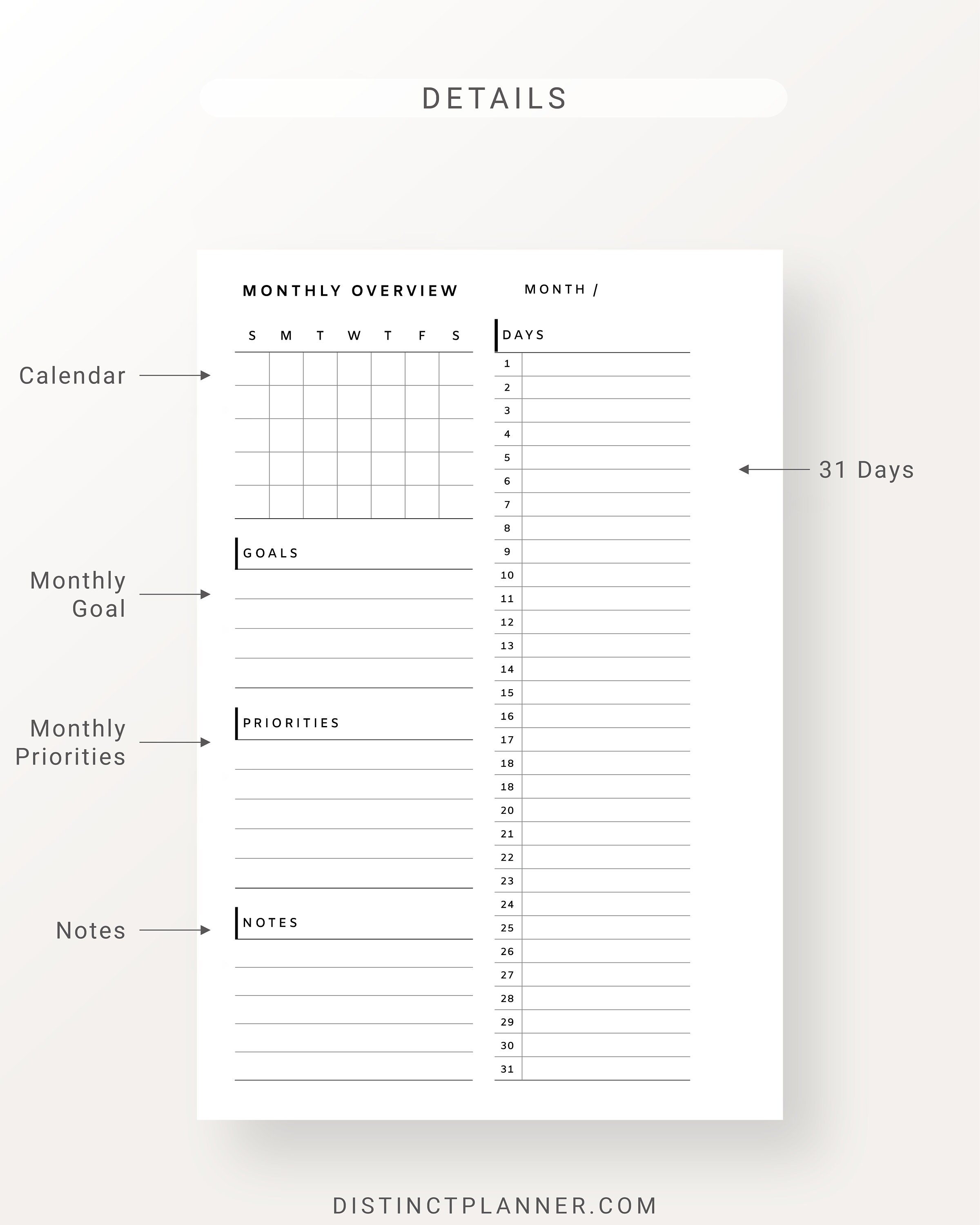 Pocket Undated Monthly Planner Printable Overview on a Page Schedule ...