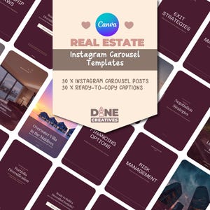 Op de afbeelding: Een verzameling digitale Instagram-carrouseltemplates voor vastgoed met een crèmekleurige centrale banner met de tekst Real Estate Instagram Carousel Templates, 30 x Instagram Carousel Posts, 30 x Ready-to-Copy Captions en Done Creatives.