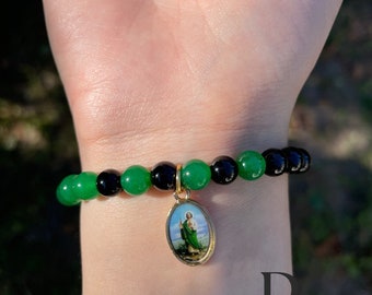 San Judas Tadeo and Evil eye bracelet with Onxy beads / Pulsera de San Judas Tadeo con Mal de ojo hecho con piedras Onxy UNISEX