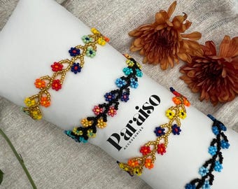 Pulsera de flores con cuentas, pulsera de flores mexicanas con cuentas, pulsera artesanal