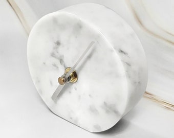 Minimalistic Handmade White Natural  Marble Clock, Quartz clock, table top clock