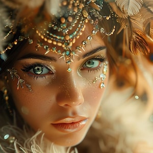 Puede incluir: Primer plano del rostro de una mujer con llamativos ojos verdes, adornada con una elaborada diadema de oro y joyas. El tocado incluye plumas marrones y blancas. Los adornos faciales completan la imagen art&iacute;stica.