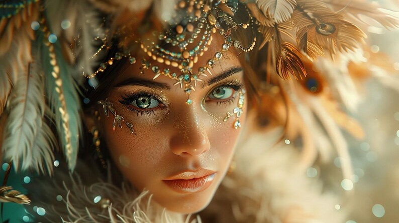 Puede incluir: Primer plano del rostro de una mujer con llamativos ojos verdes, adornada con una elaborada diadema de oro y joyas. El tocado incluye plumas marrones y blancas. Los adornos faciales completan la imagen art&iacute;stica.