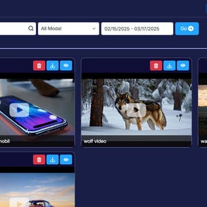 Puede incluir: Interfaz de sitio web azul oscuro con una secci&oacute;n de galer&iacute;a. La galer&iacute;a muestra miniaturas de video, incluyendo un tel&eacute;fono inteligente, un lobo en la nieve y una persona con sombrero. La interfaz incluye opciones de b&uacute;squeda y rango de fechas.
