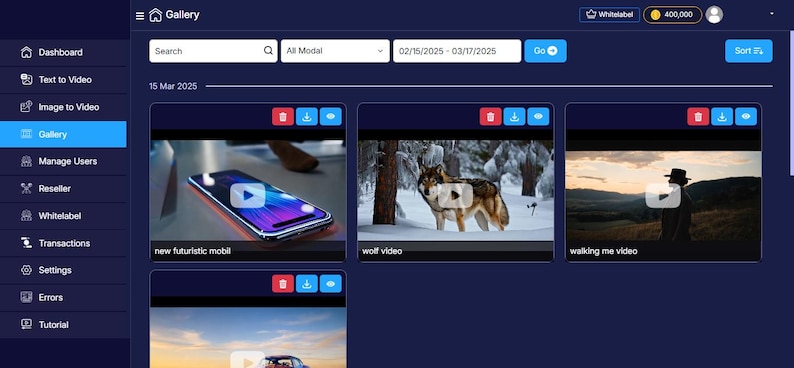 Puede incluir: Interfaz de sitio web azul oscuro con una secci&oacute;n de galer&iacute;a. La galer&iacute;a muestra miniaturas de video, incluyendo un tel&eacute;fono inteligente, un lobo en la nieve y una persona con sombrero. La interfaz incluye opciones de b&uacute;squeda y rango de fechas.