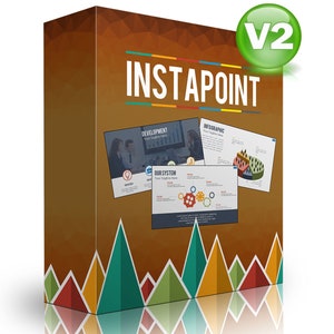 May include: A brown box with a colorful geometric pattern on the front. The box has the text "INSTAPOINT" in large, white letters. The box also has three smaller boxes on the front, each with a different design and the text "DEVELOPMENT", "INFOGRAPHIC", and "OUR SYSTEM". The box is labeled "V2" in a green circle.
