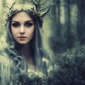 Puede incluir: Retrato de una mujer con largo cabello gris y ojos azules, luciendo una corona de ramas y flores. La imagen tiene una cualidad suave y et&eacute;rea, con un fondo borroso de bosque.
