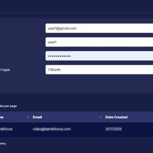 Puede incluir: Una interfaz azul oscuro con texto blanco y campos de entrada. La interfaz incluye opciones para correo electr&oacute;nico, nombre y contrase&ntilde;a, con un bot&oacute;n de env&iacute;o. Una tabla muestra datos de usuario, incluyendo nombre, correo electr&oacute;nico y acciones.