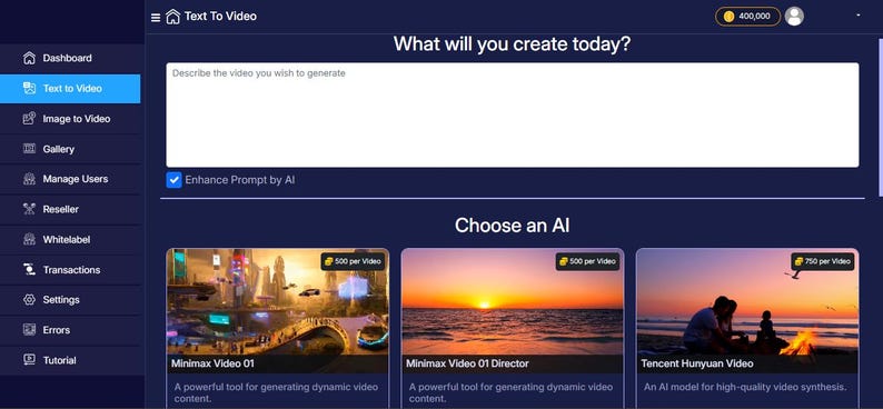 Puede incluir: Interfaz azul oscuro para una aplicaci&oacute;n de texto a video. La interfaz presenta un men&uacute; a la izquierda, un campo de entrada de texto y opciones para elegir un modelo de IA. El texto "Text To Video" est&aacute; en la parte superior.