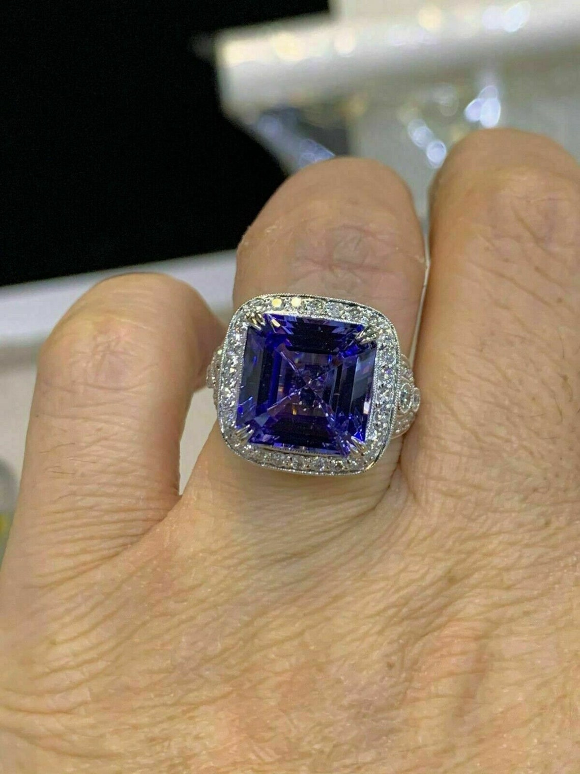 4Ct Asscher Cut Blue Tanzanite Cocktail Engagement Ring 14K Etsy