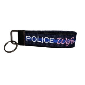 Police Wife Keychain Law Enforcement Thin Blue Line Police Gift Custom Embroidered Heavy Duty Custom Bag Tag Keychain Loop image 2