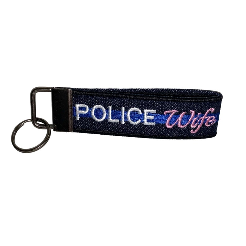 Police Wife Keychain Law Enforcement Thin Blue Line Police Gift Custom Embroidered Heavy Duty Custom Bag Tag Keychain Loop image 2