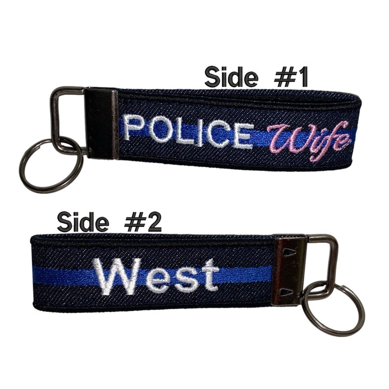 Police Wife Keychain Law Enforcement Thin Blue Line Police Gift Custom Embroidered Heavy Duty Custom Bag Tag Keychain Loop image 1