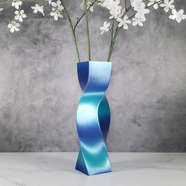 Tall Geometric Blue and Aqua Vase or Centerpiece | Flower Vase | Home Decor | Modern