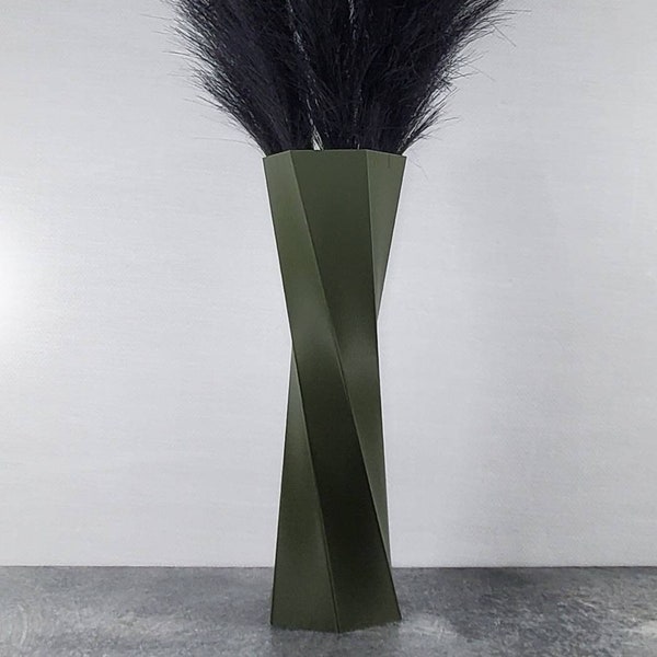 Tall Twist Matte Olive Green Vase, Geometric Vase For Pampas Grass , Wedding Centerpiece,  Vase For Flowers, Modern Home Decor