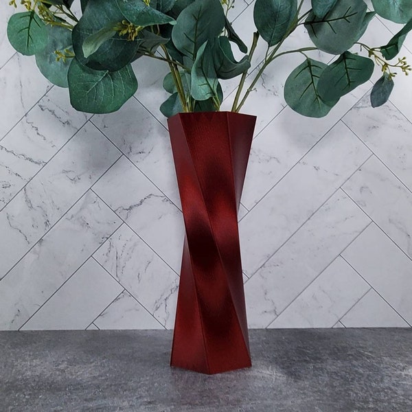 Tall Twist Burgundy Red Vase Geometric Centerpiece Modern Home Decor or Special Occasions | Christmas Decor