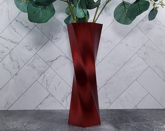 Tall Twist Burgundy Red Vase Geometric Centerpiece Modern Home Decor or Special Occasions | Christmas Decor