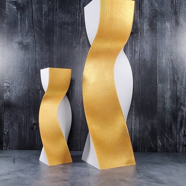 Tall Geometric Matte White and Gold Vase or Centerpiece,  Home Decor, Vase For Pampas Grass or Flowers | Unique Vases