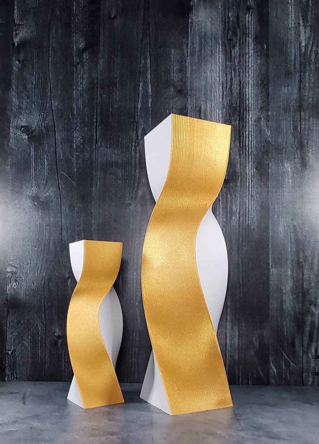 Tall Geometric Matte White and Gold Vase or Centerpiece, Home Decor