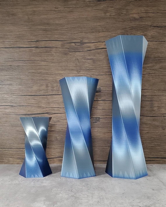 Tall Twist Blue and Silver Vase Geometric Style Centerpiece Home Decor or Special Occasions