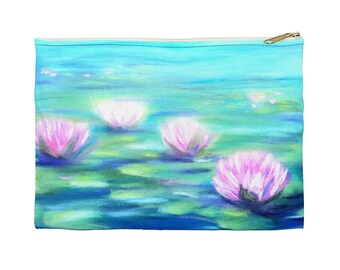 Personal Lily Pad Accessory Pouch | Pink Lily Custom Cosmetic bag| Water Lily Zipper Purse | Flower Design Penсil Case