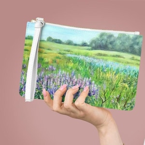 Violet Wildflower Clutch Bag | Lavender Field Evening Purse | Blooming Summer Meadow Wristlet | Floral Art Landscape Bag |Artistic Accessory