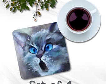 Funny Cat Coaster Set | Blue-Eyed Kitty Drink Cork Coasters | Kitchen & Bar Cat Accessories | Funny Gift Idea for Pet Lovers | Cat Art Decor