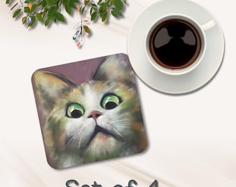 Funny Cat Meme Art Coaster Set of 4 | Green-Eyed Kitty Cork Drink Coasters |  Weird Cat Artistic Coaster Set | Fun Home Decor for Cat Lovers