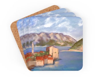 Expressionist Montenegro Art Coasters | Montenegro Bay Coasters | Artistic European Waterfront Coaster | European Town Coasters Set