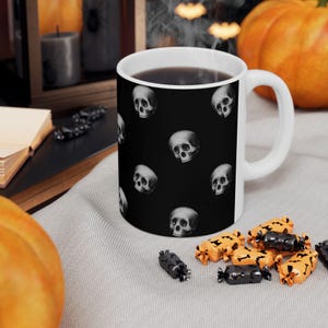Halloween Black Skulls Mug | Spooky Skull Pattern Coffee Cup | Gothic Art Tea Mug | Halloween Party Gift | Witchy Gift |Horror Kitchen Decor