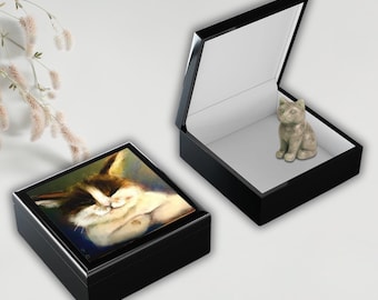 Joyero personalizado con diseño de gato feliz, caja decorativa con diseño de gato sonriente, regalo artístico encantador con gato, recuerdo con nombre, adorable decoración artística con gato.